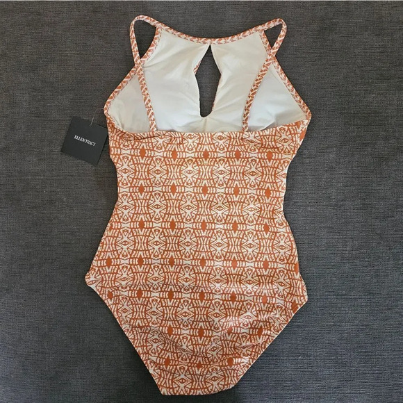 Ellen Tracy Orange Print key hole High Neck Over-The-Shoulder One Piece Swimsuit - Picture 7 of 15